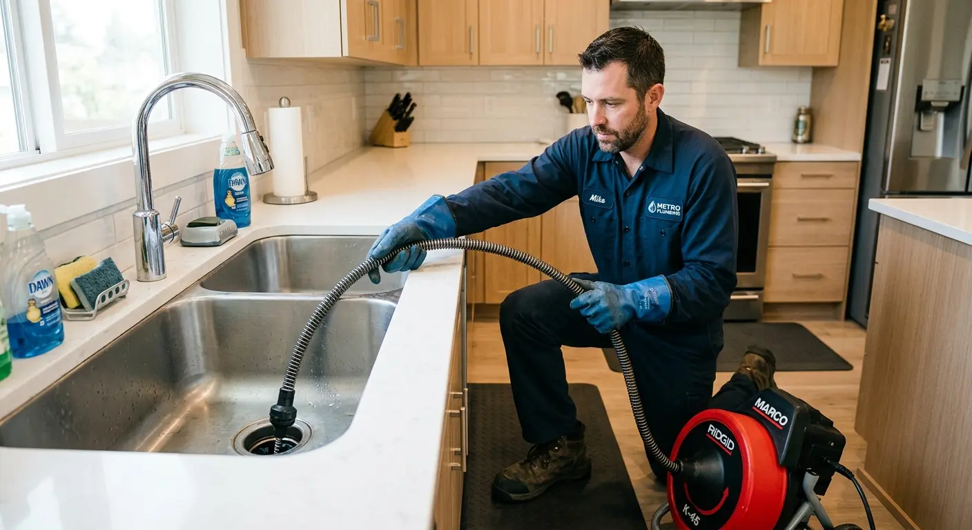 Drain cleaning technician using a motorized snake on a kitchen sink in Bernards