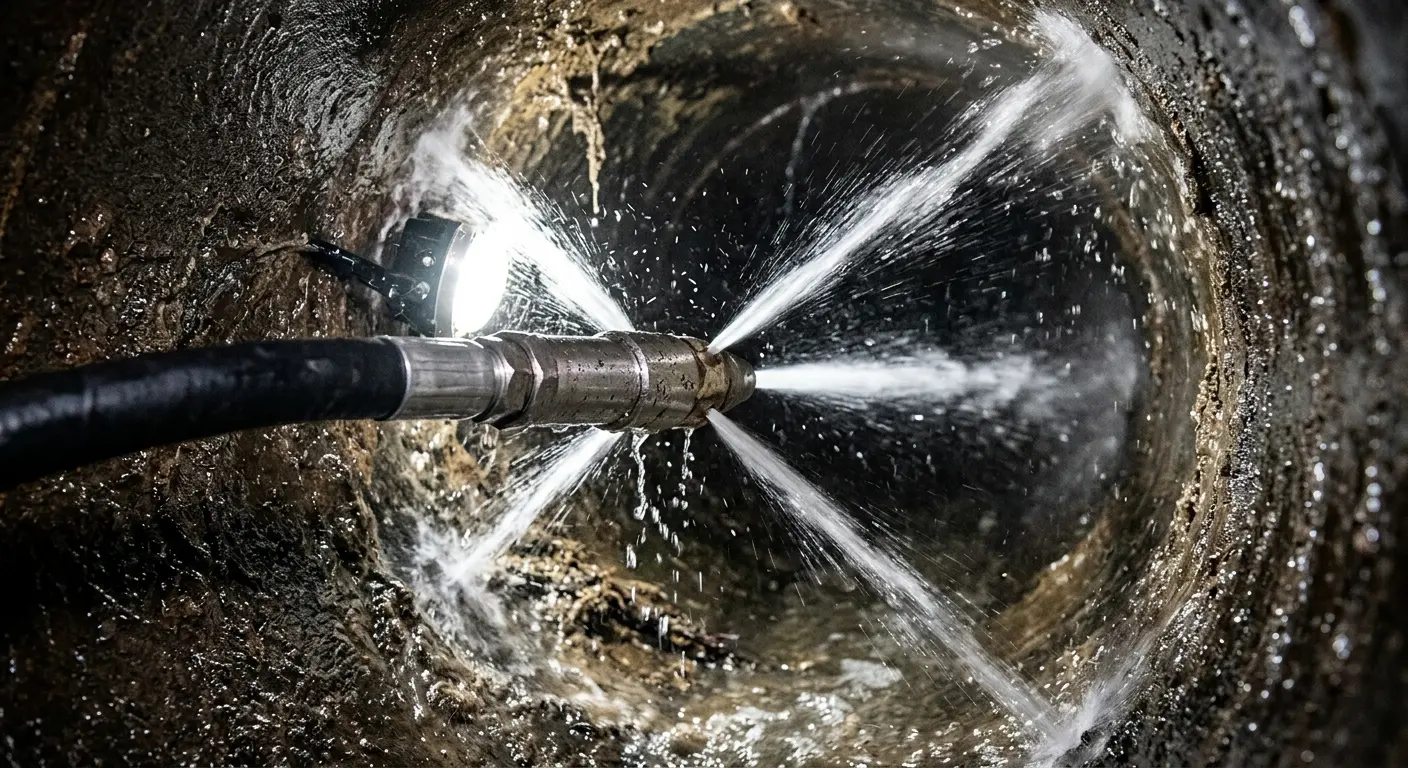 High-pressure hydro jetting nozzle cleaning sewer pipe for Sewer Cleanout in Bernards