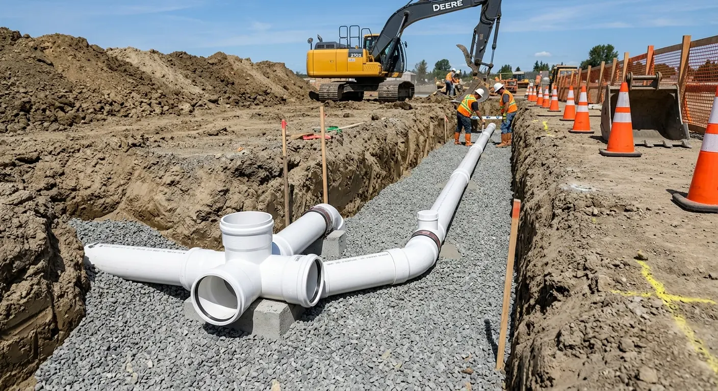 New PVC sewer pipe installation in open trench for Sewer Backup in Bernards