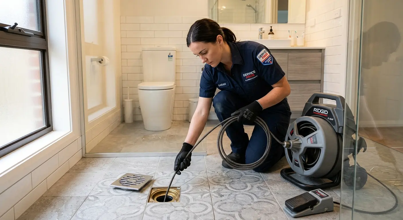 Technician clearing a bathroom floor drain for Hydro Jetting in Bernards